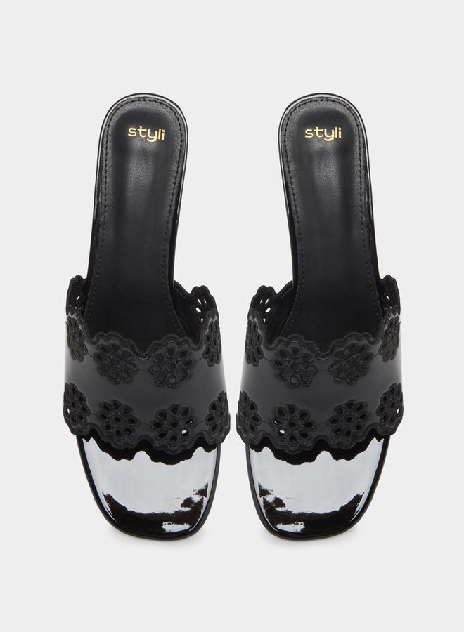 Styli Black Floral Cutout Kitten Heel Sandals - Image 5